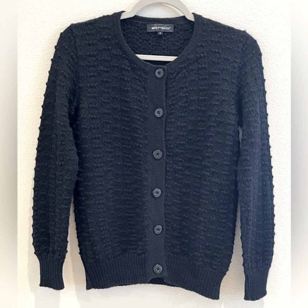 ETNIKO 100% Baby Alpaca Long Sleeve Cardigan Sweater - Black, Size S